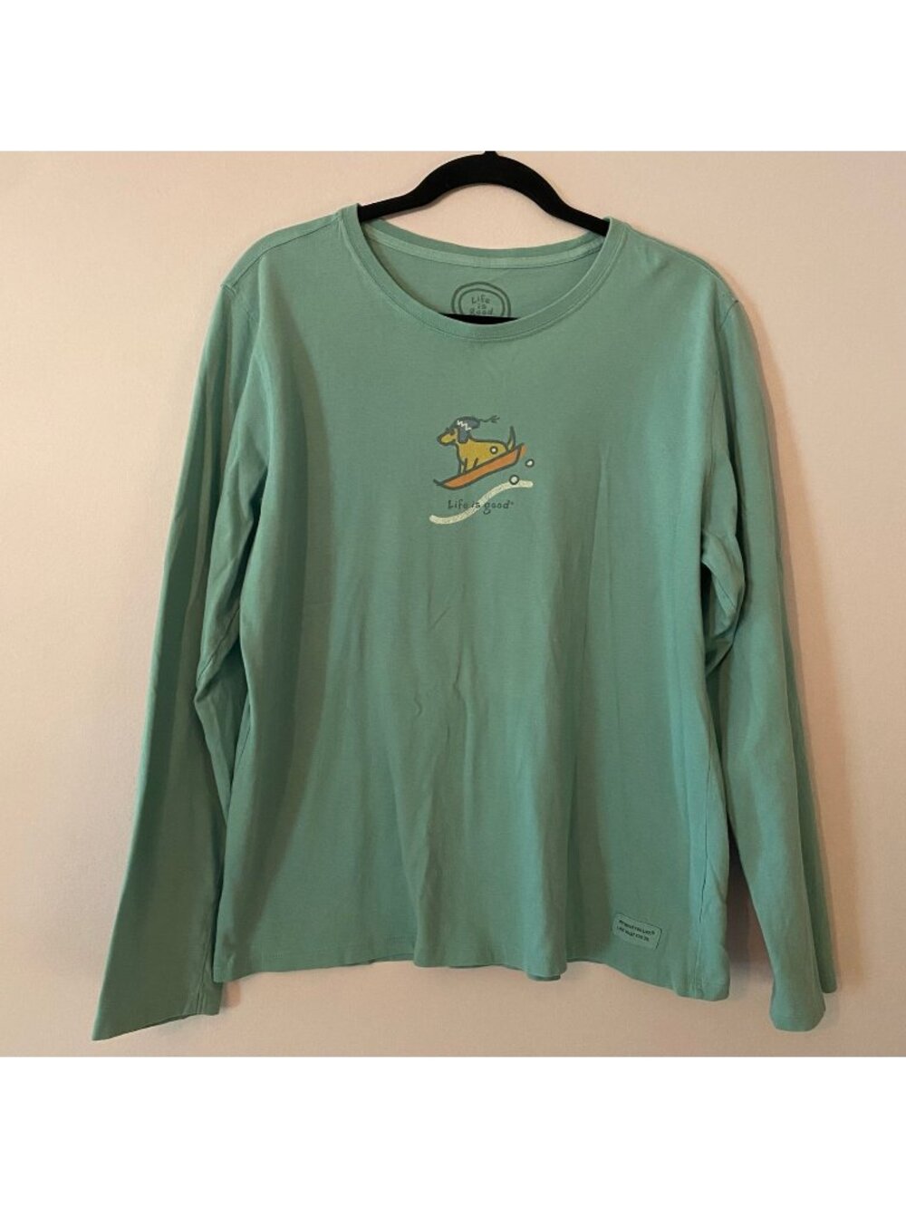 Life Is Good Blue Dachshund Dog Sledding Winter Long Sleeve Shirt Cotton Large